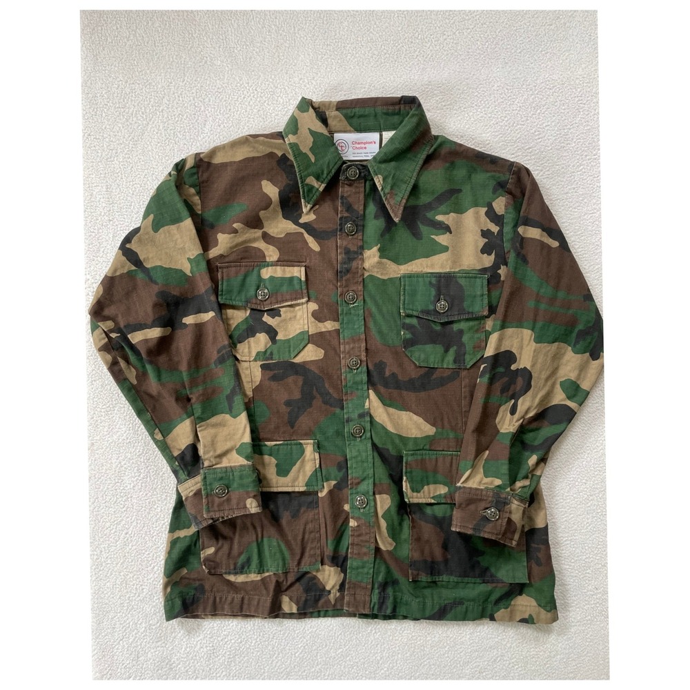 70s USA Champion's Choice Mens Large Utility Jacket Woodland Camo Ripstop Cotton